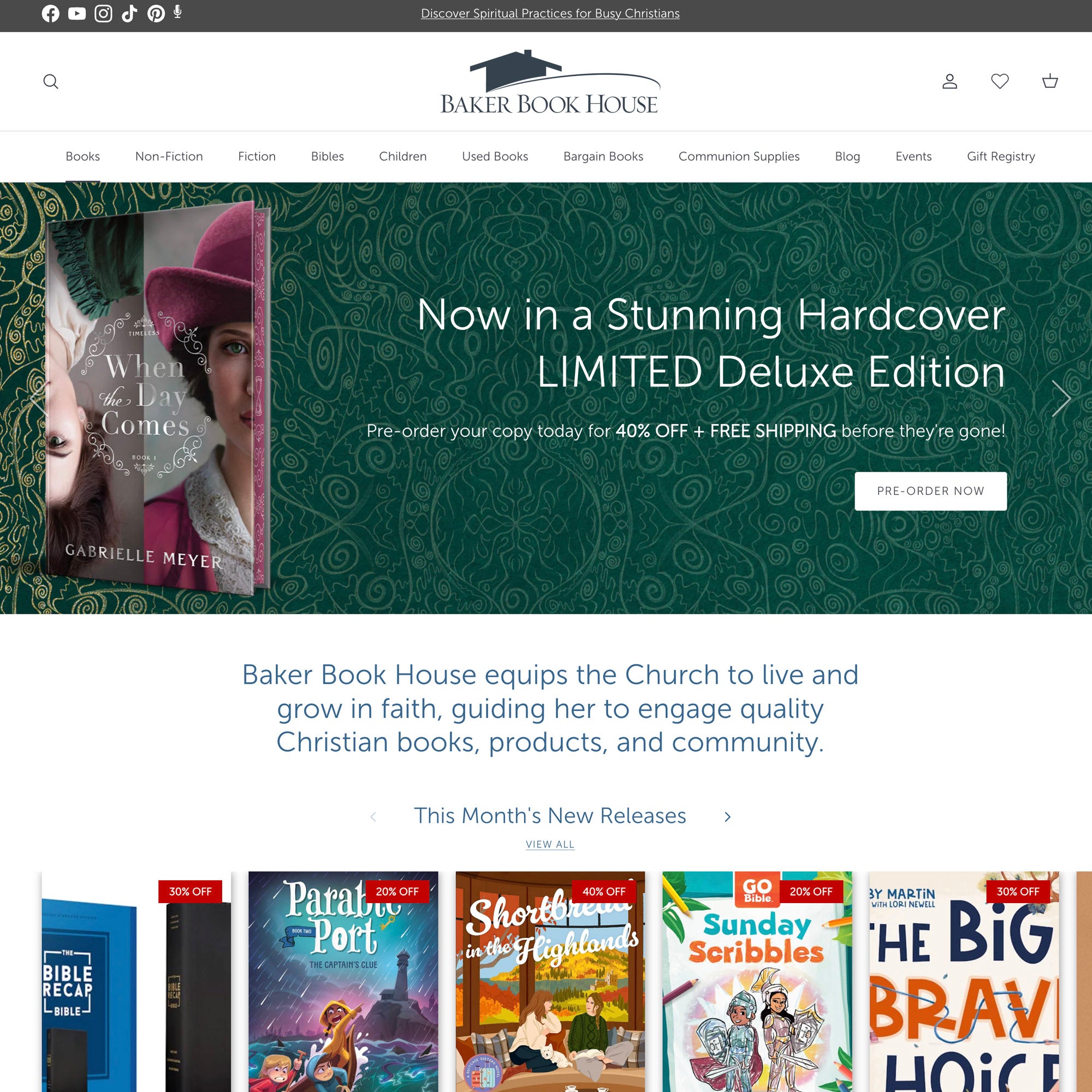 Baker Book House website homepage with book covers and promotional text.