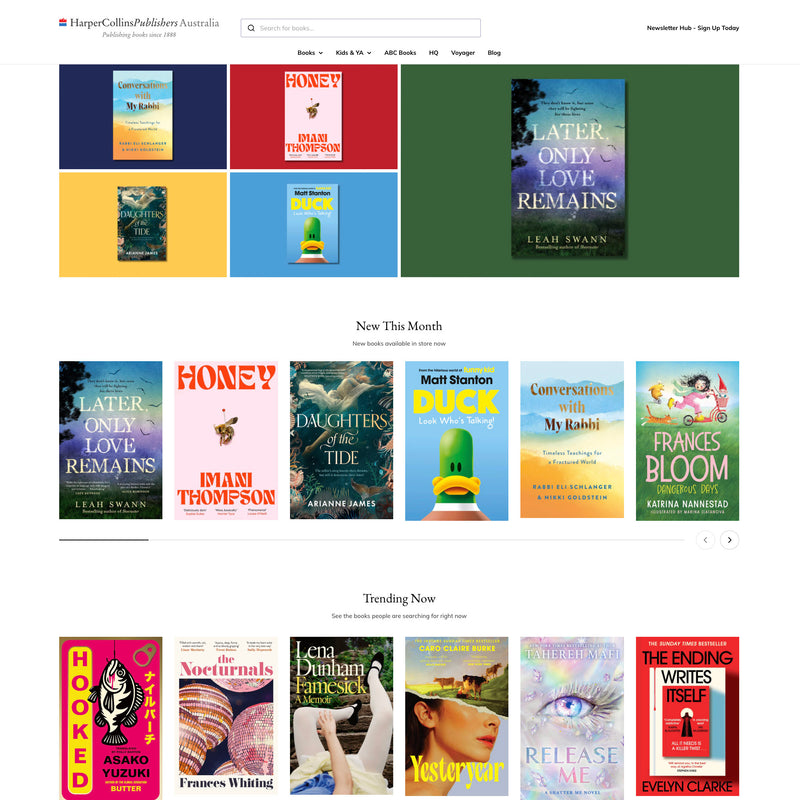 HarperCollins Publishers Australia website with book covers displayed