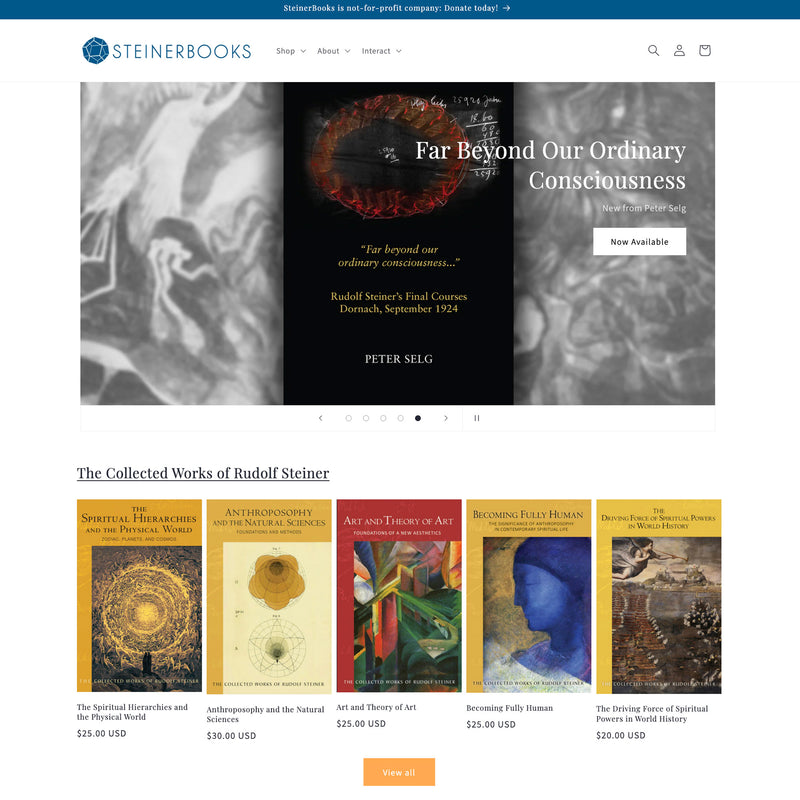 SteinerBooks website with book covers and titles displayed