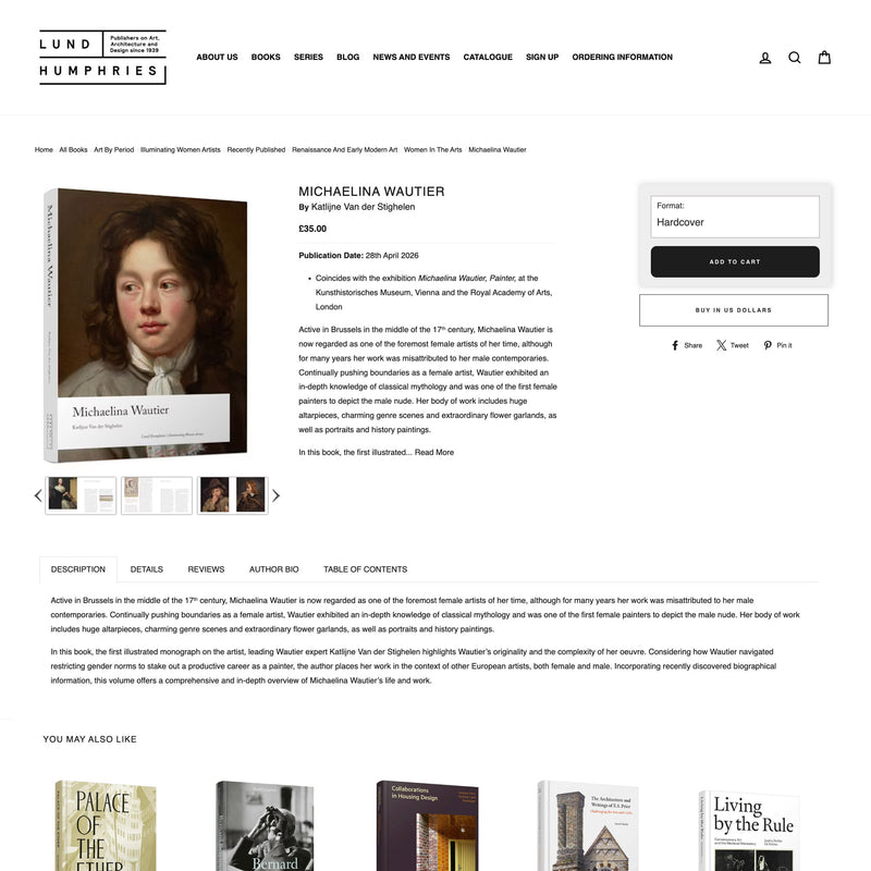 Book page on Lund Humphries website with a portrait image and product details.