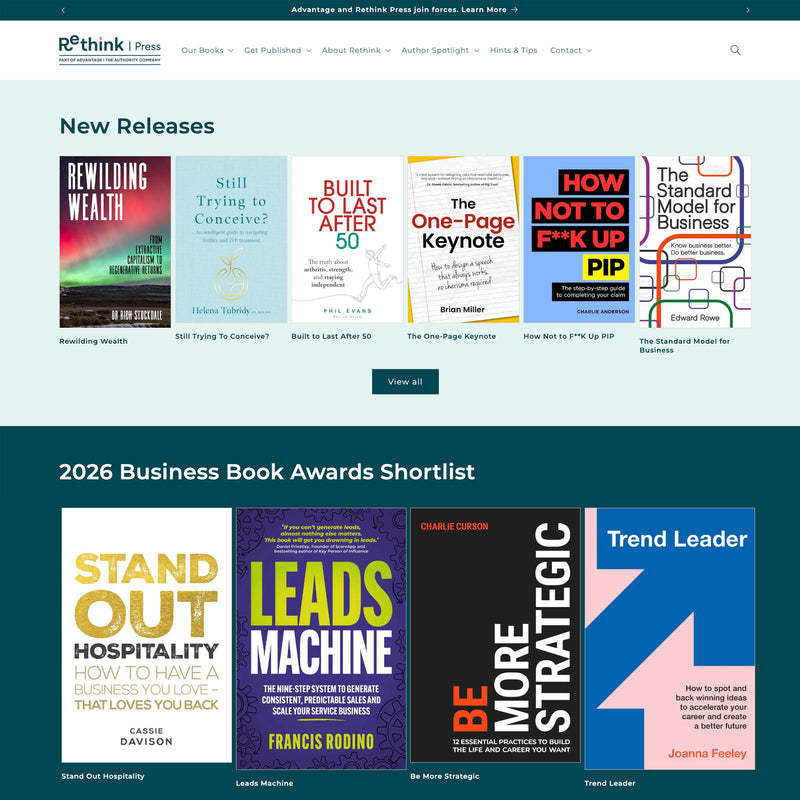 Rethink Shopify site with book covers and text on a light blue background