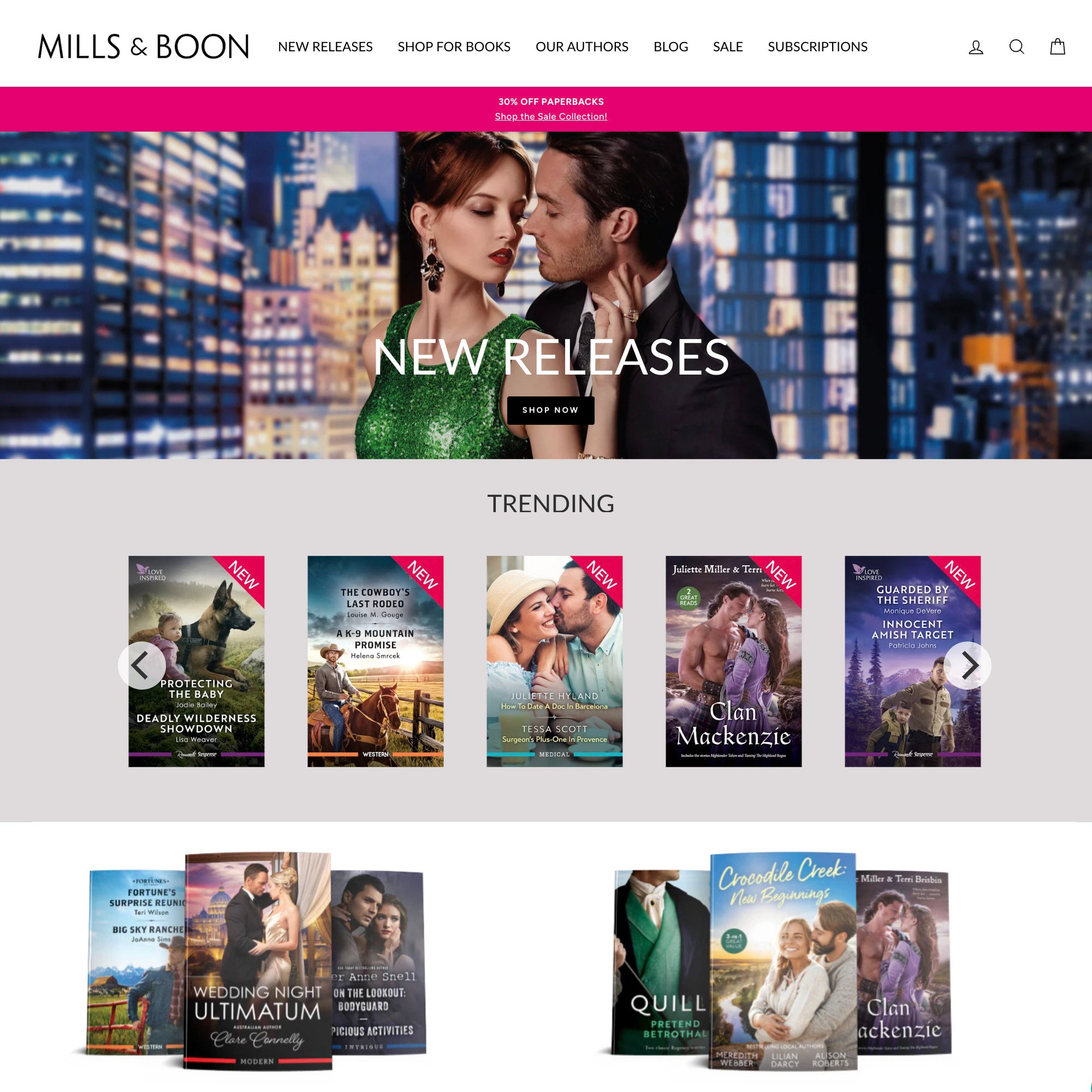 Mills & Boon website homepage with book covers and promotional text.