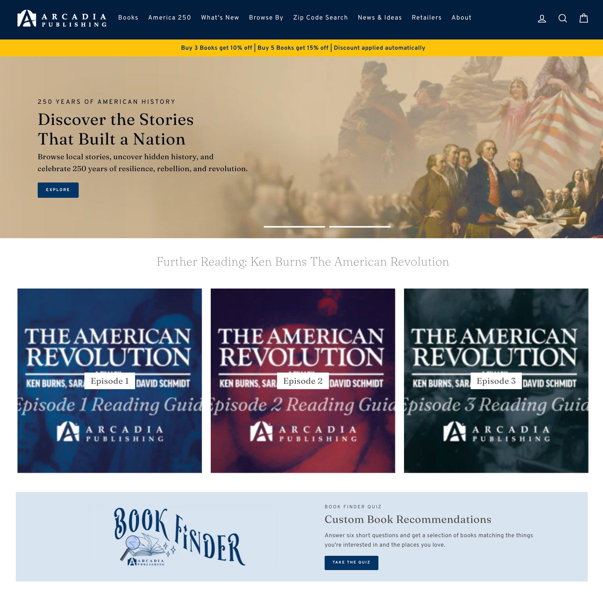 Arcadia Publishing website with 'The American Revolution' book series and promotional text.