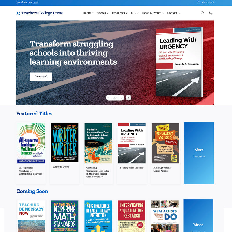Website homepage of Teachers College Press with book covers and promotional text.