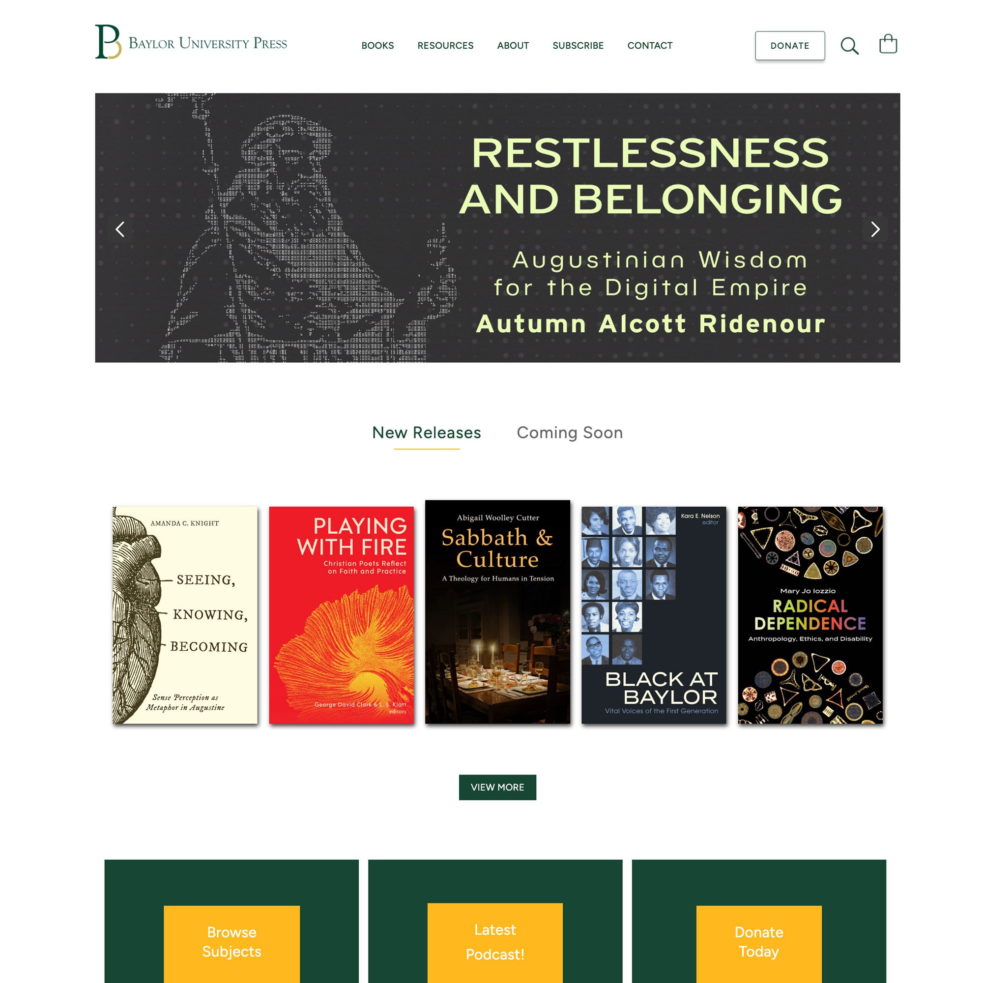 Baylor University Press website with book covers and promotional text