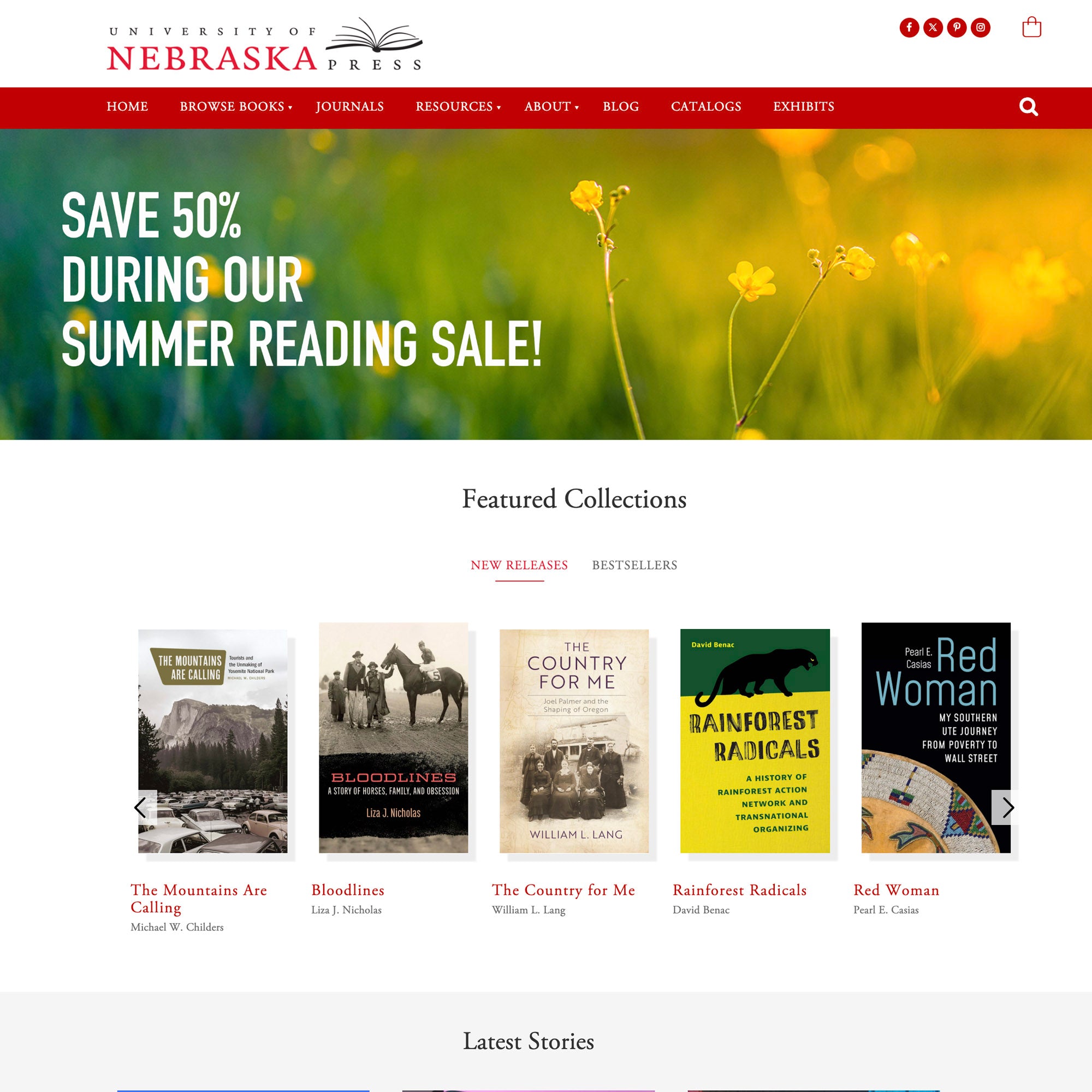 Nebraska Press website homepage with book covers and promotional text