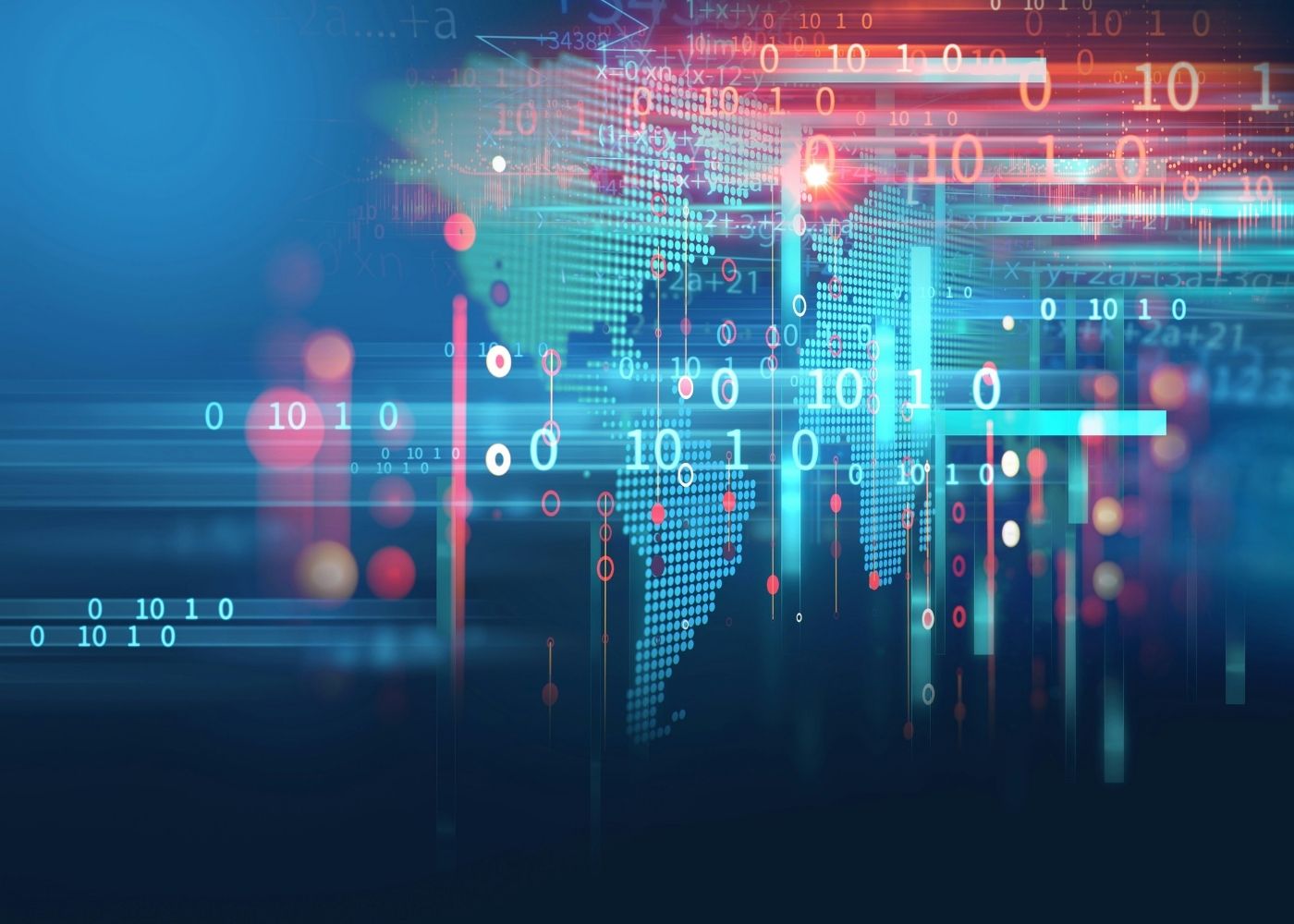 An image of binary code over a map of the America and Europe in dots and a dark blue background