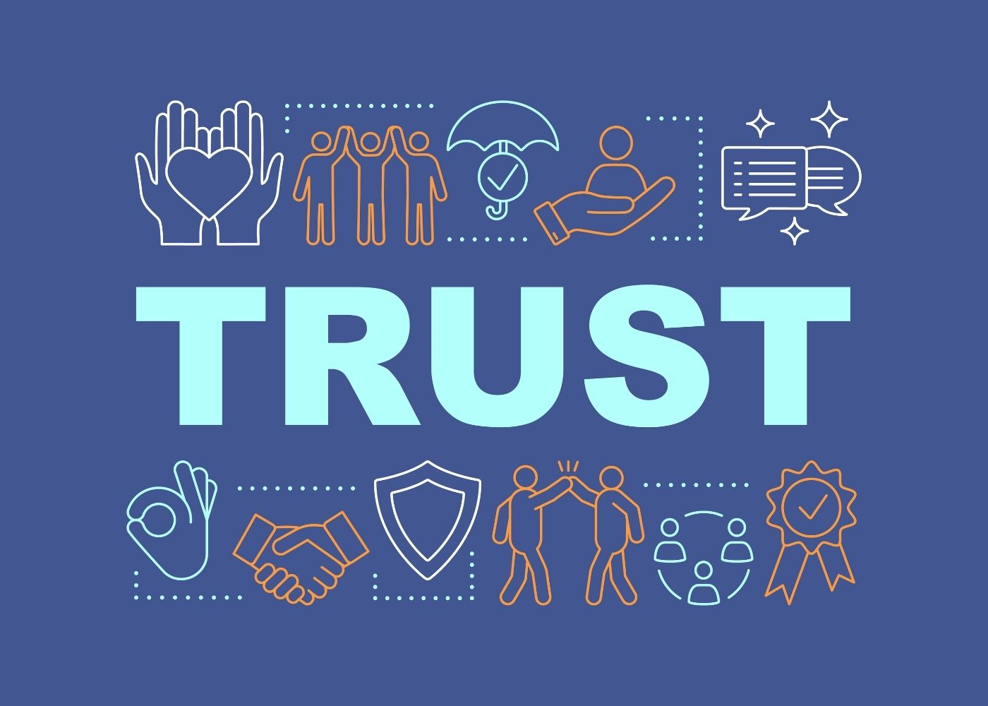 Word 'TRUST' surrounded by icons on a blue background