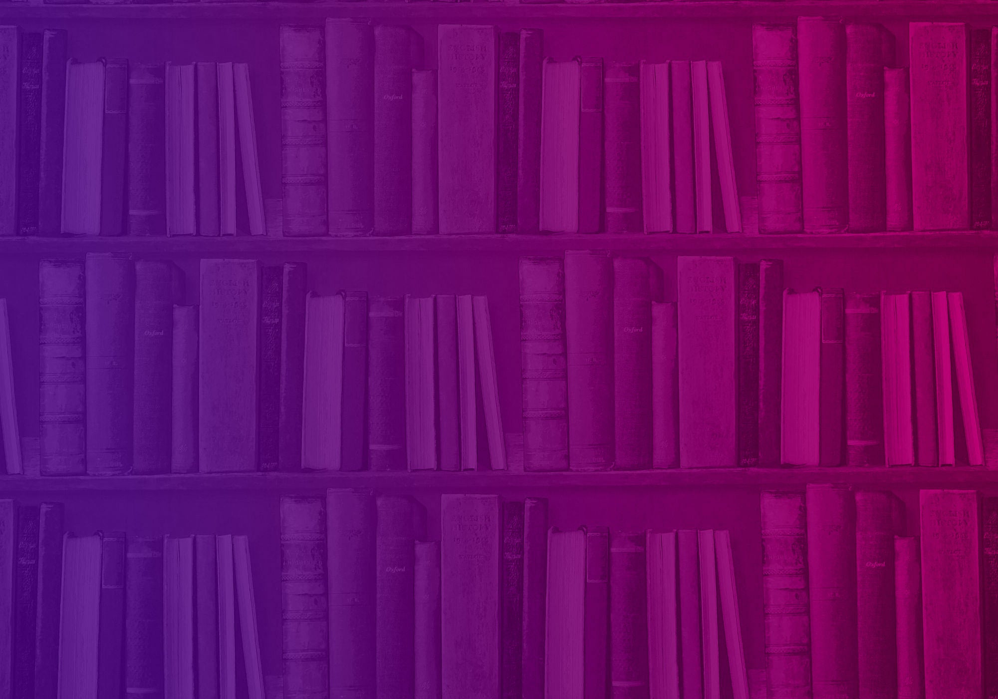 A purple and magenta tinted photograph of bookshelves filled with books, creating a library or study background scene.