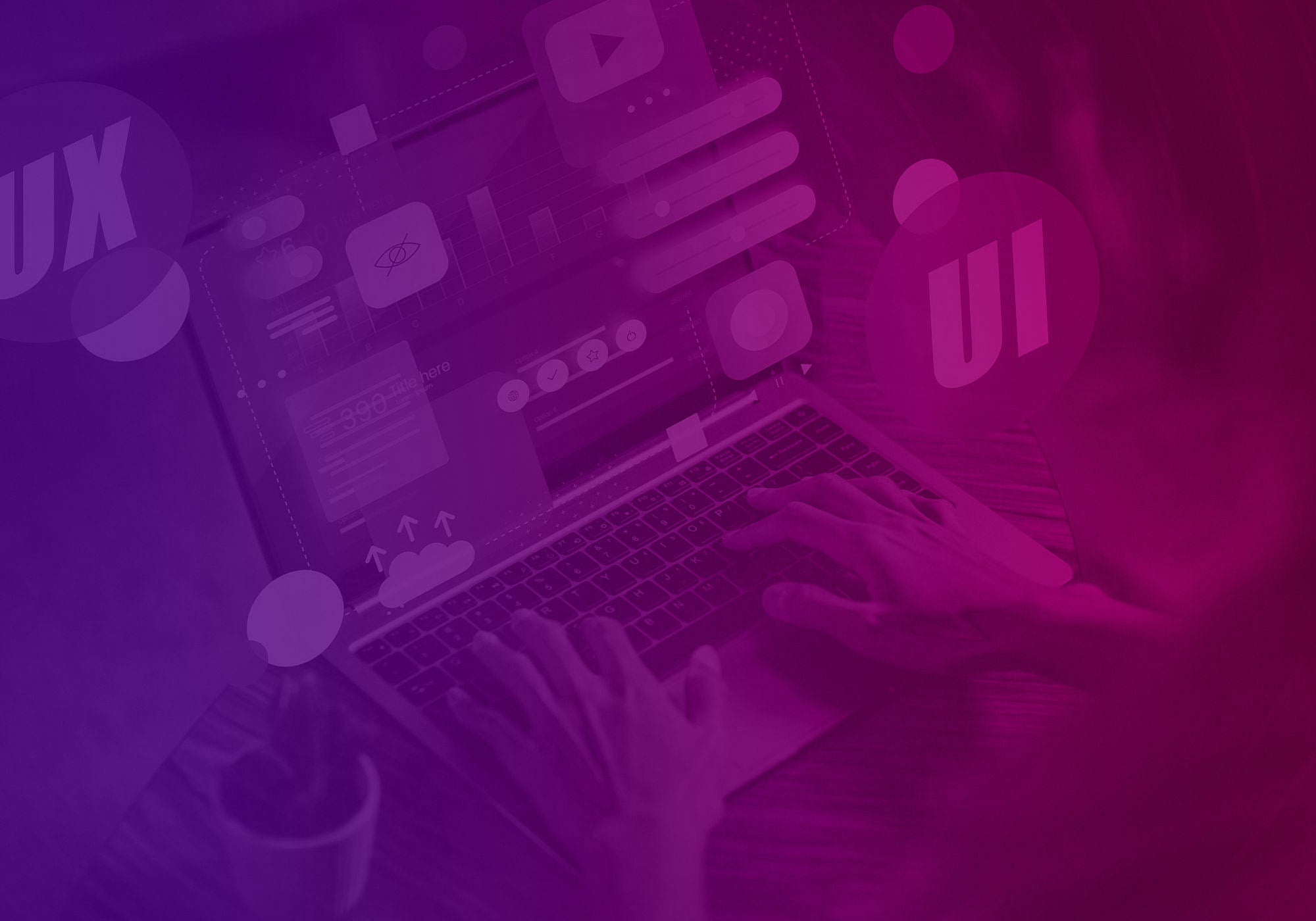 A person's hands typing on a laptop computer, overlaid with a heavy purple and magenta digital UI/UX graphic design theme.